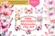 Watercolor Pink butterflies clipart, a Decorative Illustration by VM PARTYS  BY TAIRUMA (Thumbnail 1 of 8)
