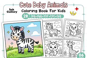ADULT CUTE BABY ANIMALS COLORING PAG, an Animal Illustration by Ink Gallery