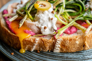 Appetizing lunch portion dish sandwich sauce plate, a Food & Drink Photo by Photo Drive Studio