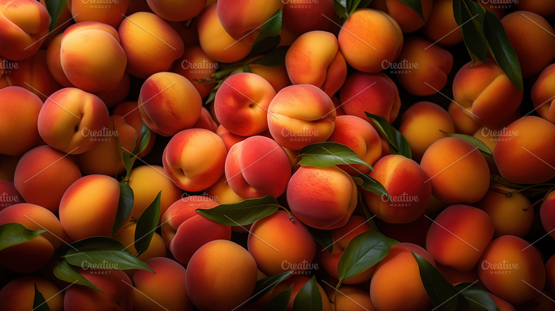 Pile of ripe peaches with vibrant orange and yellow hues, some with a slight bl, a Food & Drink Photo by Textures & Backgrounds