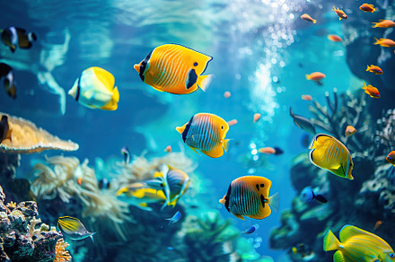 Aquarium with corals, reefs and different fishes swimming in blu, an Animal Photo by AlyaAnd