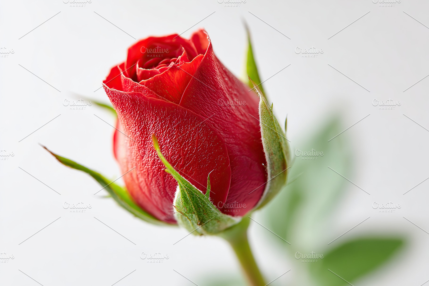 Beautiful close-up of a vibrant red rosebud with lush green leaves captured in, a Nature Photo by AlyaAnd