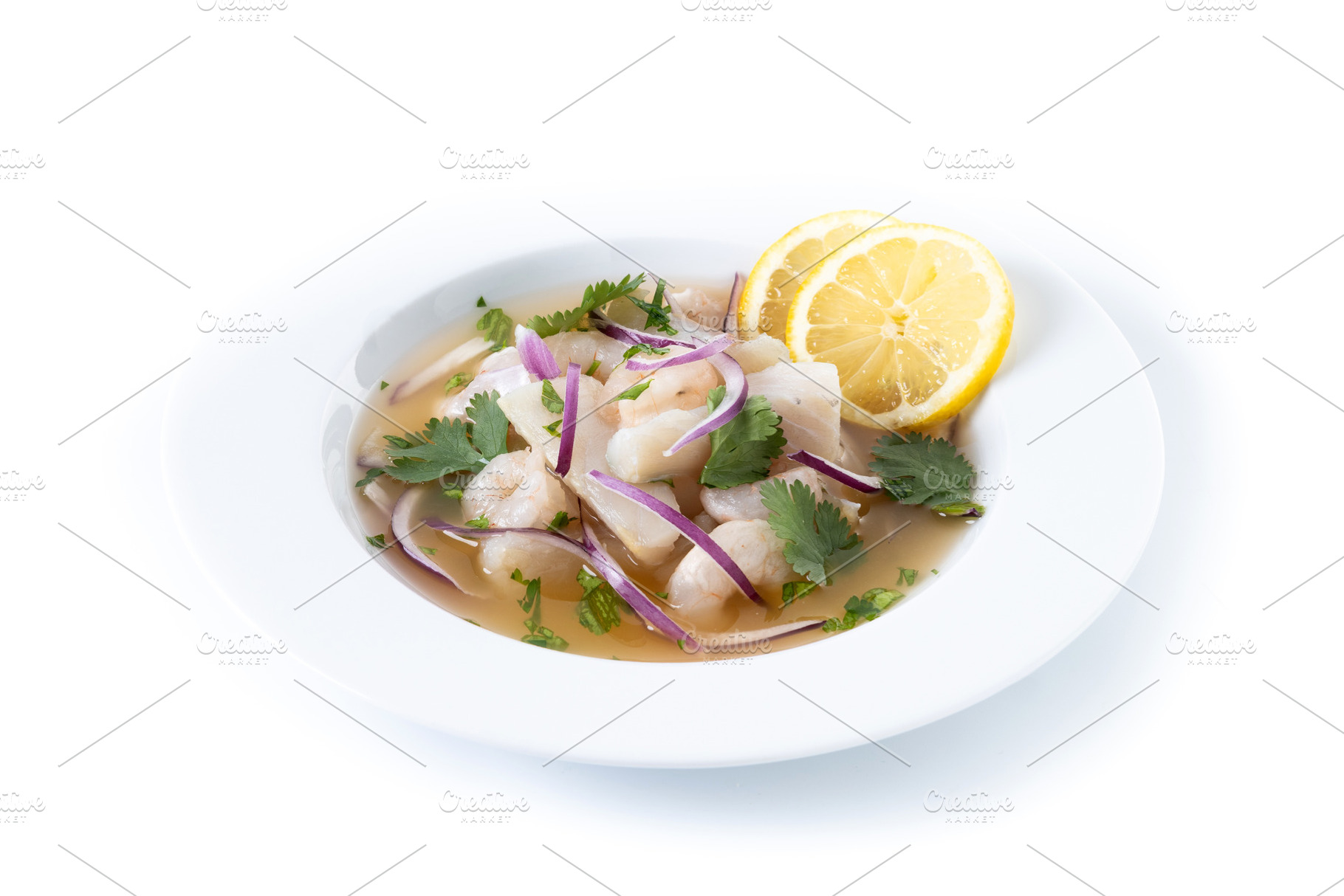 Traditional Peruvian ceviche sea bass fillet isolated on white b, a Food & Drink Photo by etorres69