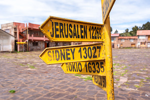 World capitals distance sign on Taquile Island, Lake Titicaca, P, a Background Photo by GoodGoods