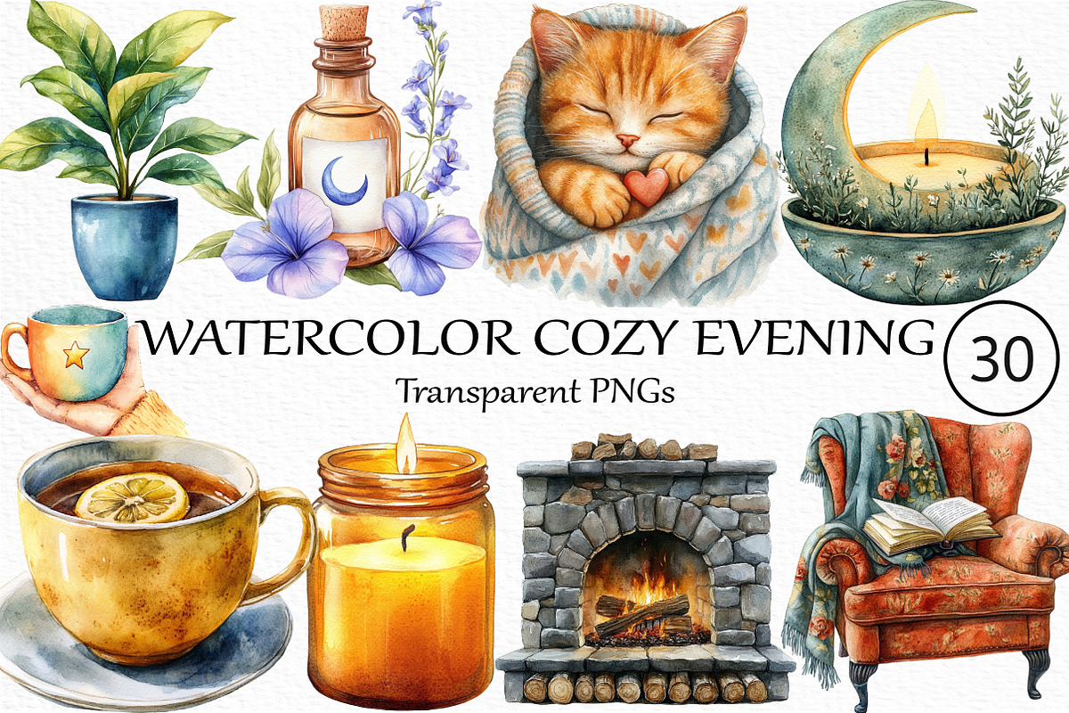 Watercolor Cozy Evening Clipart, an Illustration by Craft Nest (Photo 1 of 4)