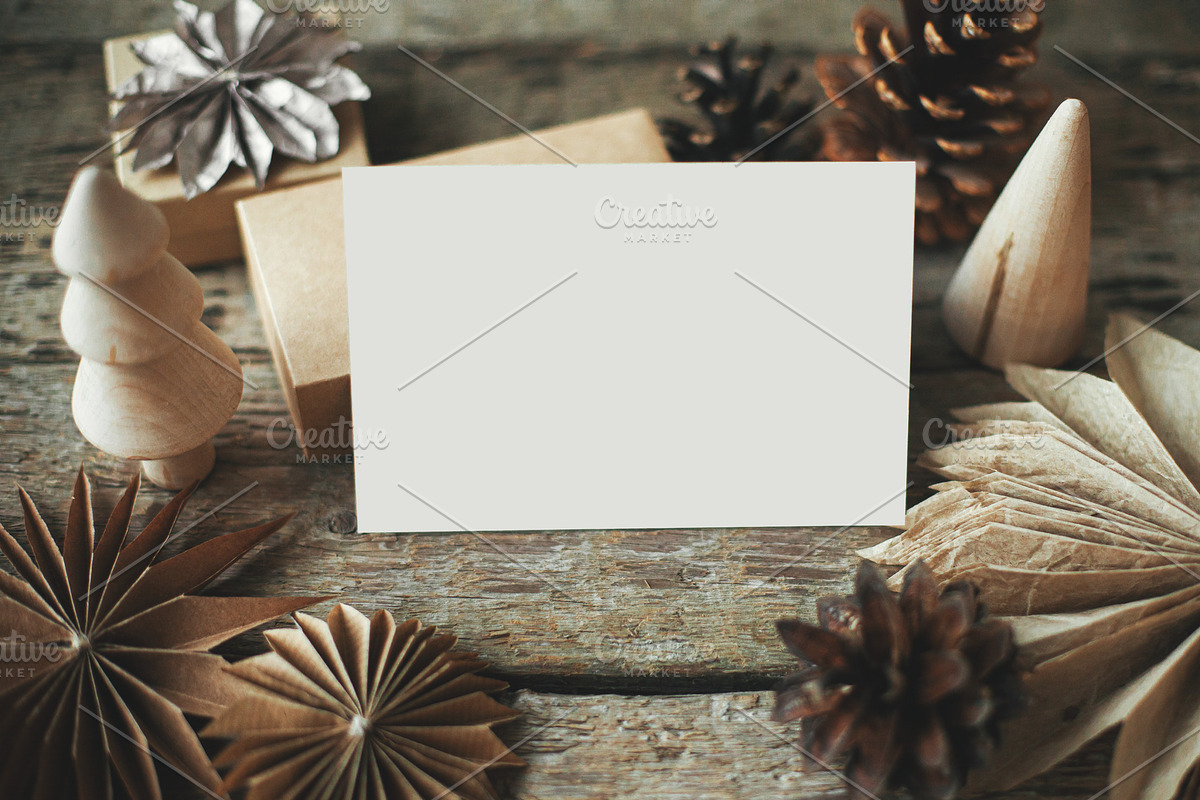 Christmas card mock up. Empty greeting card and christmas paper, a Card Template by Sonjachni
