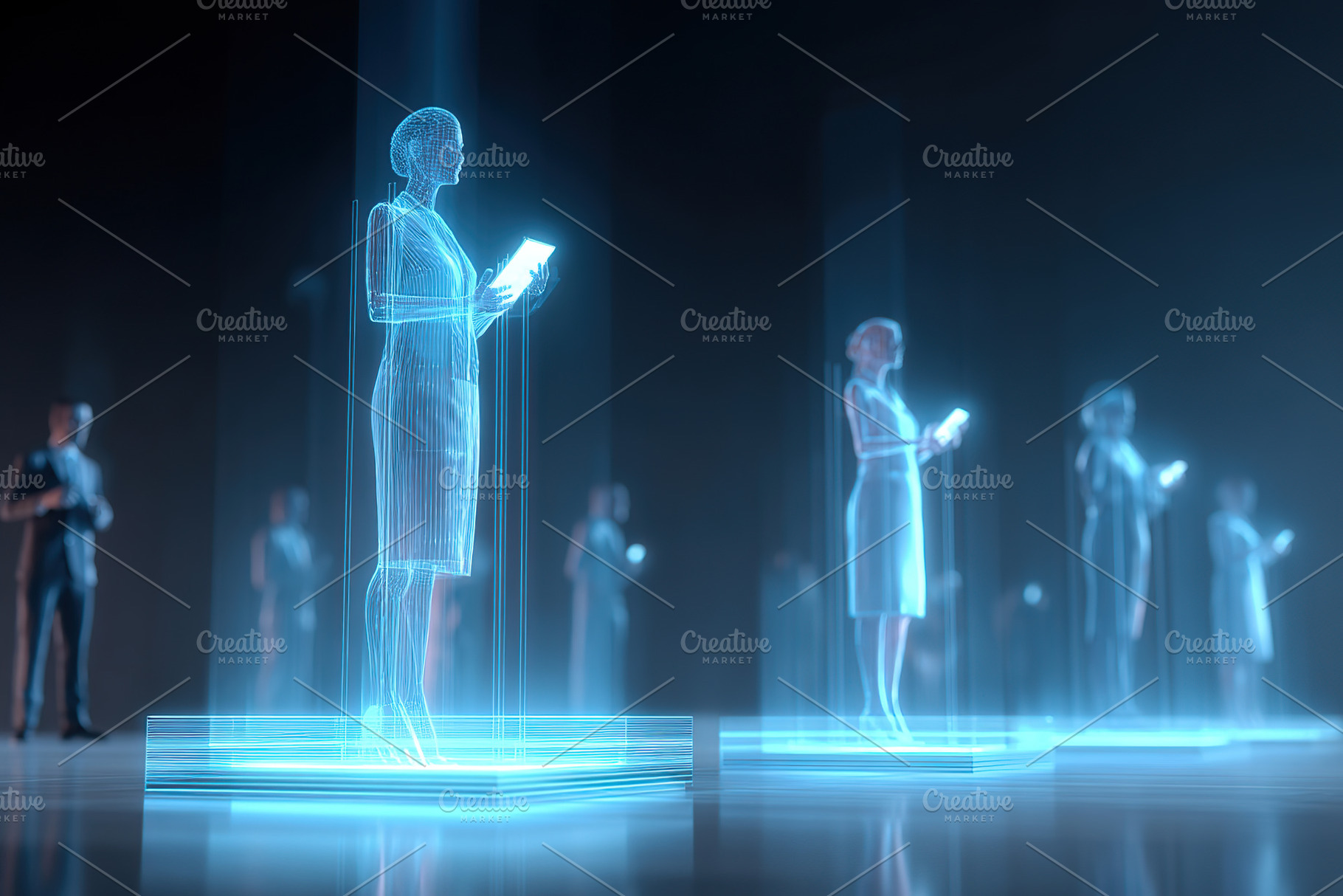 Figures in futuristic holographic display interacting with digital devices, a Photo by AlyaAnd