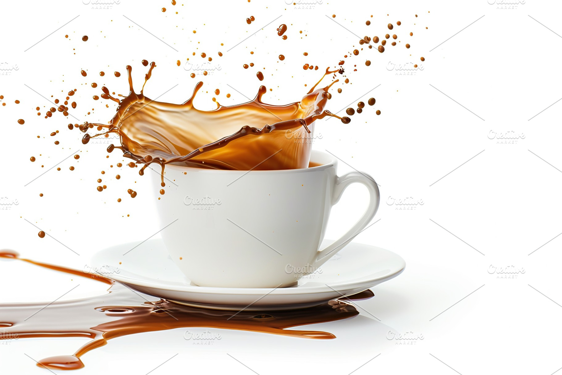 Cup of coffee with splashes isolated on white background, a Food & Drink Photo by AlyaAnd