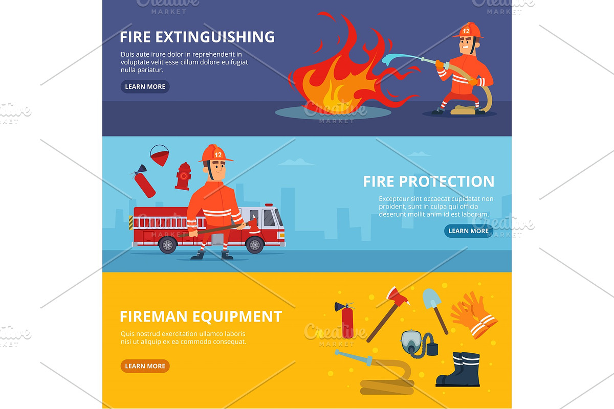 Horizontal banners with illustrations of firefighter in uniform, a ...
