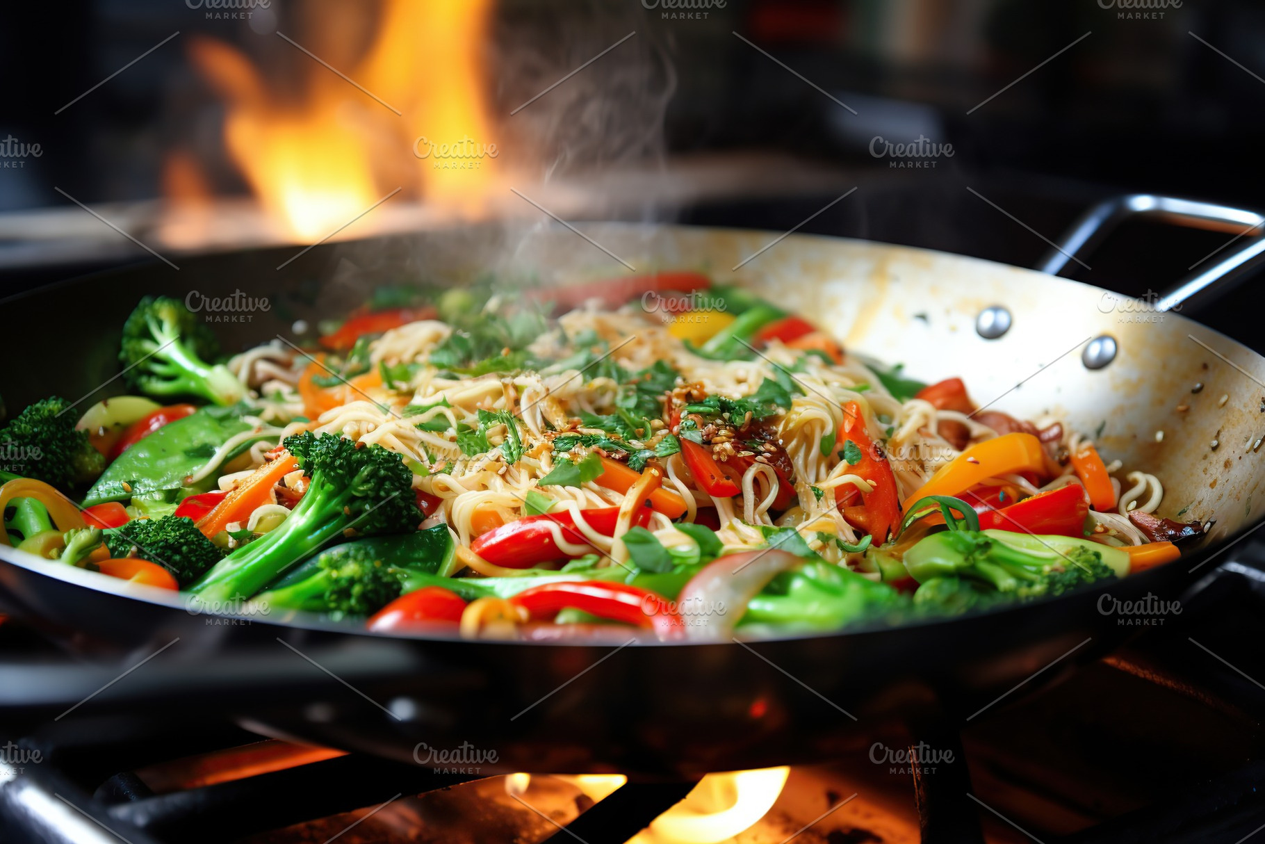 Cooking fresh vegetables and noodles in pan, a Food & Drink Photo by AlyaAnd