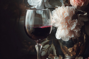 Red wine goblet sitting on a wooden table with a floral arrangement and grapes,, a Food & Drink Photo by Studio ANNA