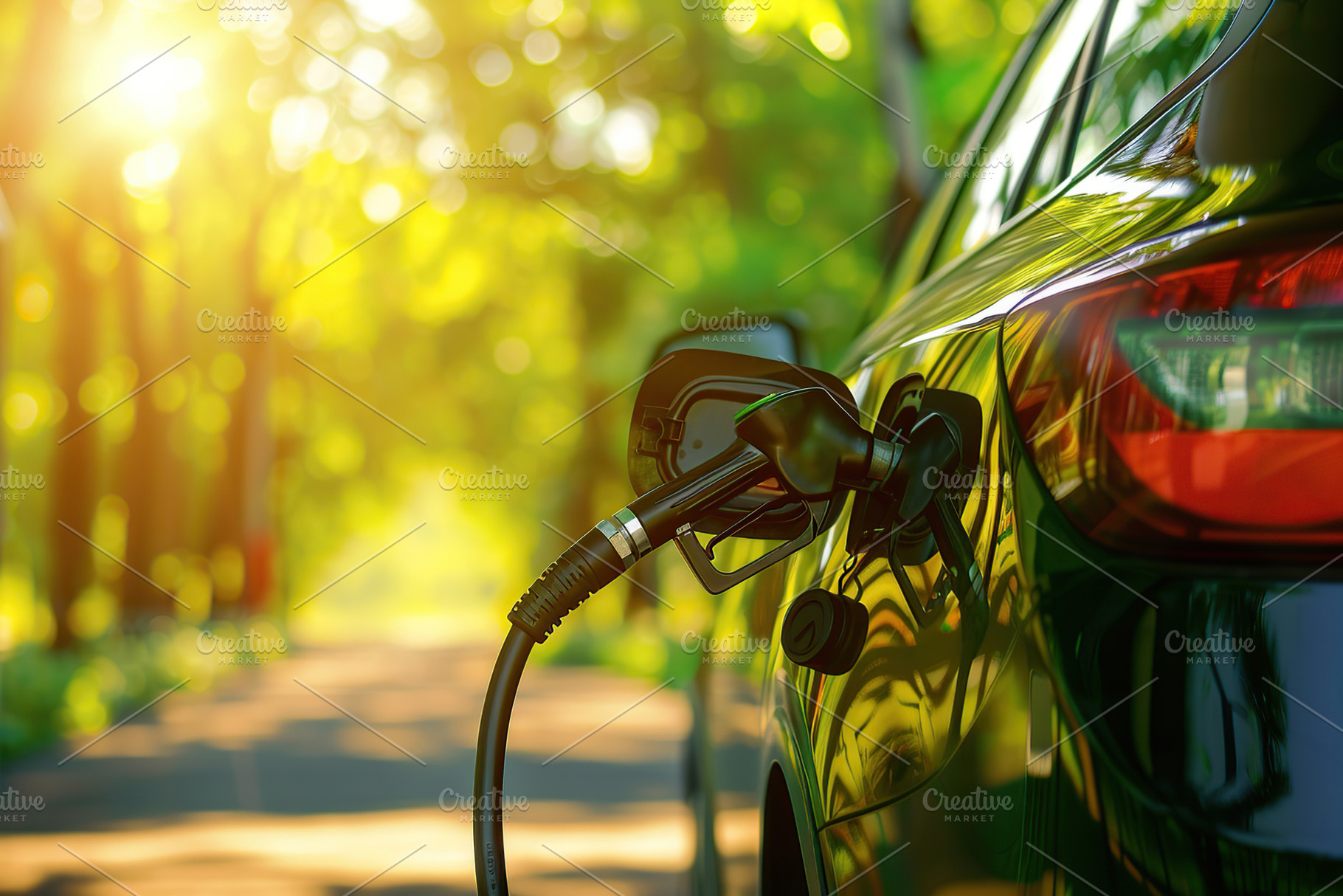 Fuel gun fueling car with petrol at gas station, a Transportation Photo by AlyaAnd