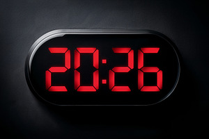 Countdown to New Year 2026 with glowing digital clock display, a Background Photo by OSORIOartist