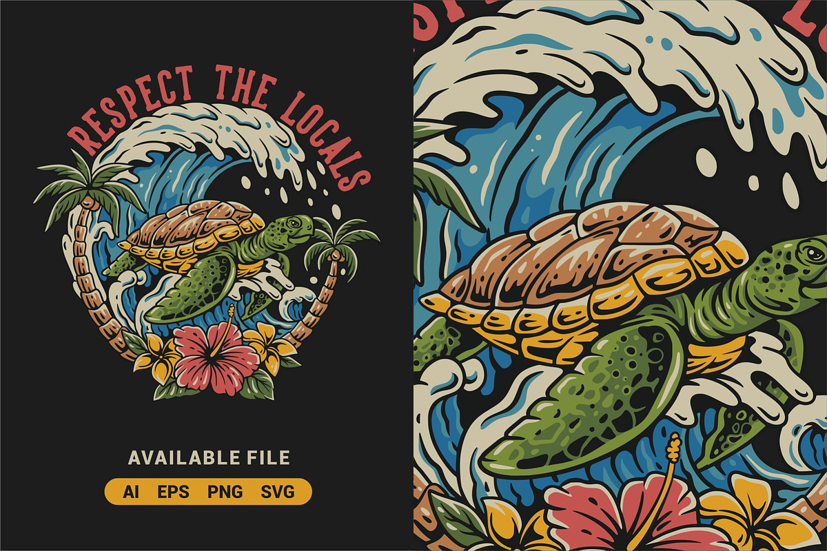 Turtle Surfing on Beach Waves Vector, an Illustration by ImoogiStudio