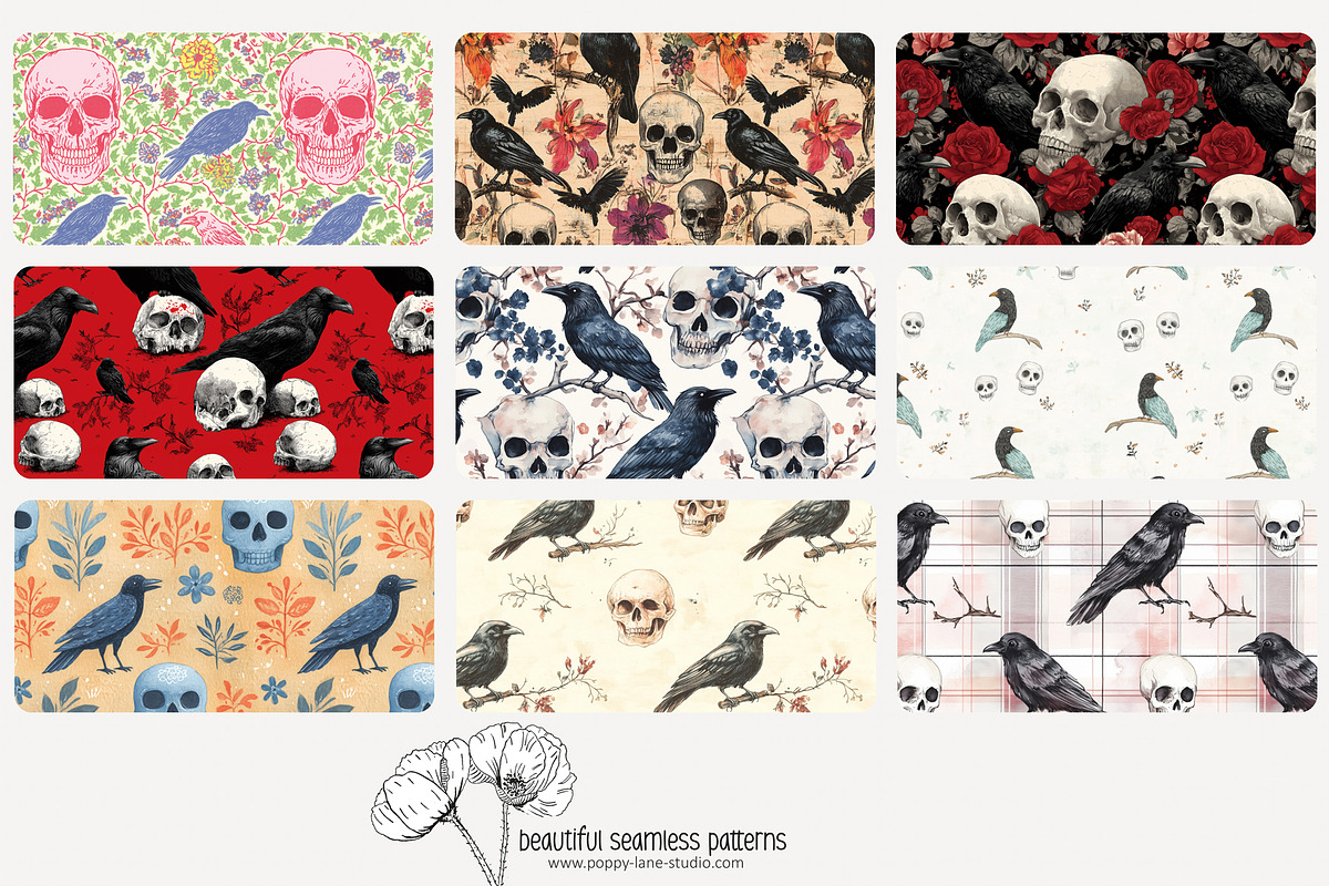 70 crows & skulls seamless pattern, a Pattern Graphic by Poppy Lane Studio (Photo 6 of 10)