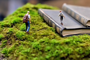 A macro shot of a miniature student figurine trekking up a hill, a School & Education Photo by designvectx