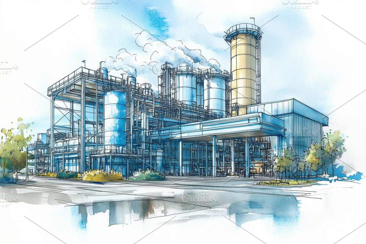 A detailed illustration of an industrial facility featuring large storage tanks, a Technology Illustration by Textures & Backgrounds