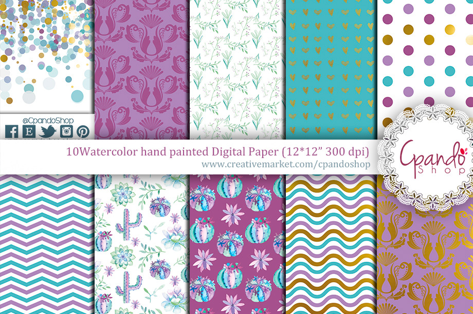 Cactus watercolor digital paper, a Pattern Graphic by CpandoShop