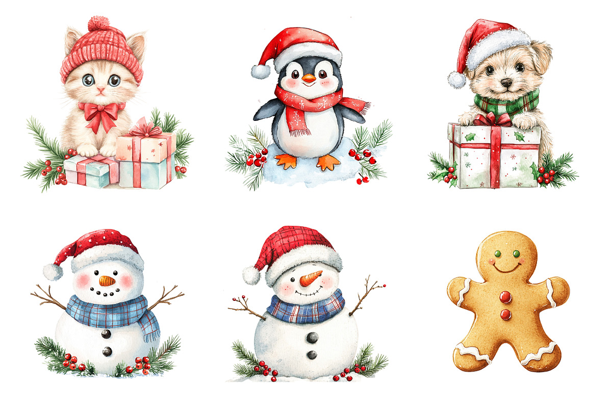 Watercolor Cute Christmas Clipart, a Transportation Illustration by SinaCreation (Photo 3 of 6)
