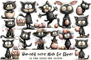 Whimsical Easter Black Cat Clipart, an Illustration by OK Design