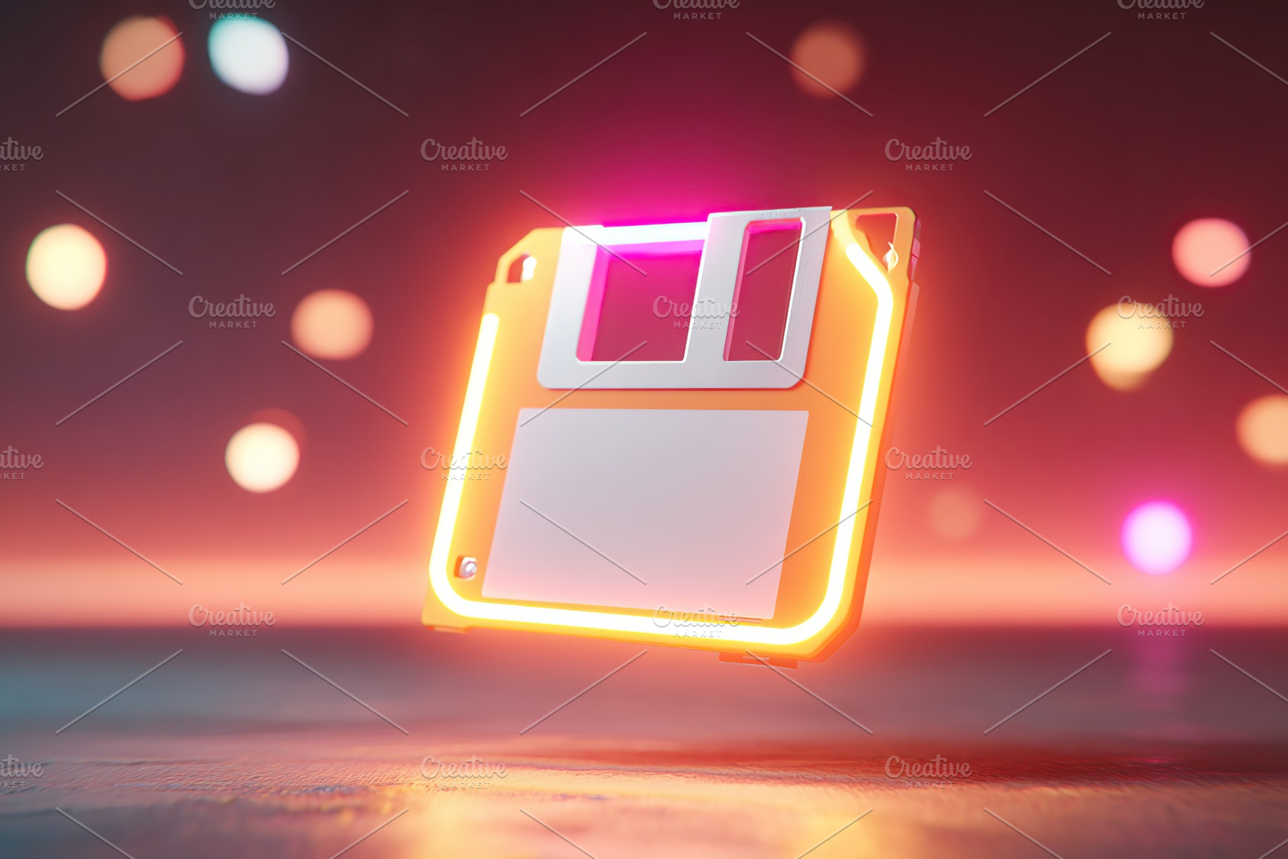Neon floppy disk floats in colorful light against a blurred background, a Technology Photo by AlyaAnd