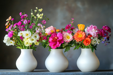 Colorful flower arrangements in whit, a Photo by Tanuart