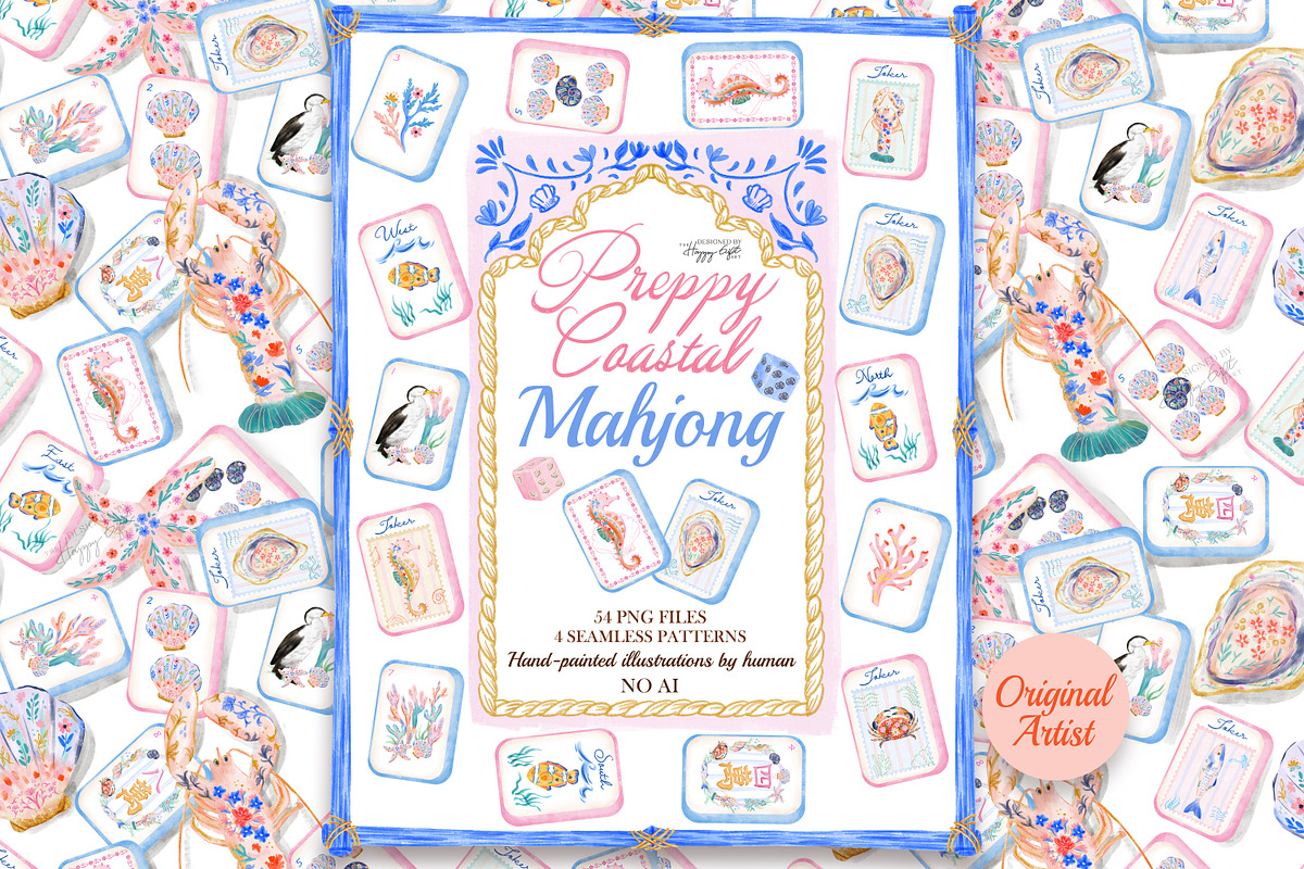 Preppy Coastal Mahjong Clipart, a Decorative Illustration by TheHappyGiftArt (Photo 1 of 12)