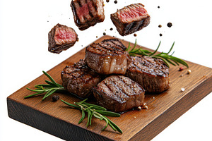 Sliced grilled steak and rosemary on, a Food & Drink Photo by Pixeness Studio