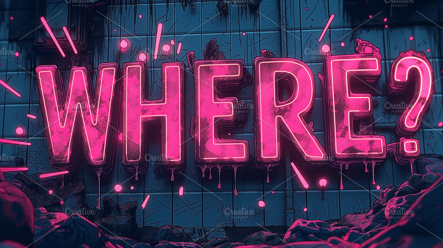 A vibrant pink neon sign reading 'WHERE?' illuminates a gritty, urban backdrop,, a Background Photo by ImageMir