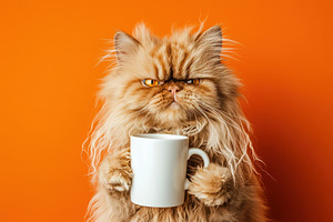 Grumpy persian cat holds a white mug, a Photo by Pavel_design