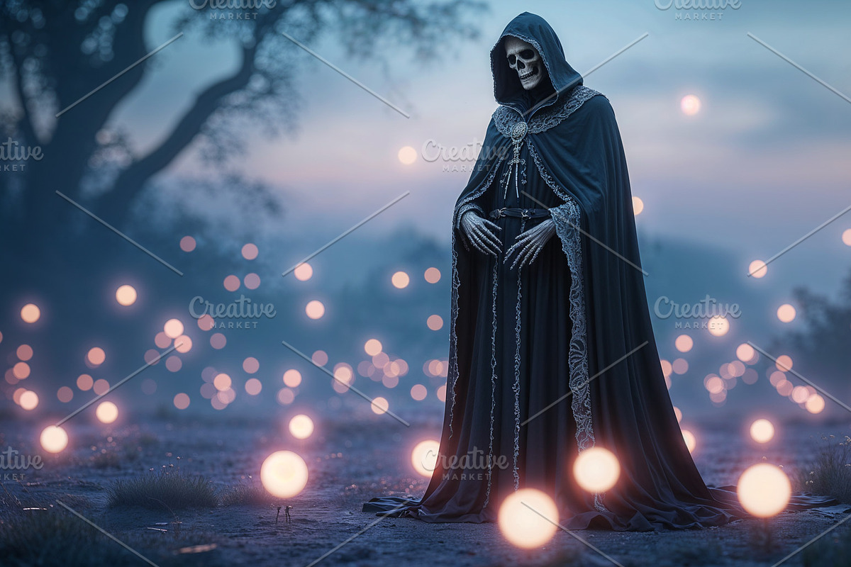 Skeletal grim reaper figure, an Illustration by wavebreak