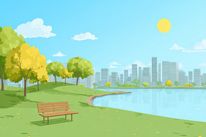 Park bench by lake cityscape view pe, an Arts & Entertainment Photo by Pixeness Studio