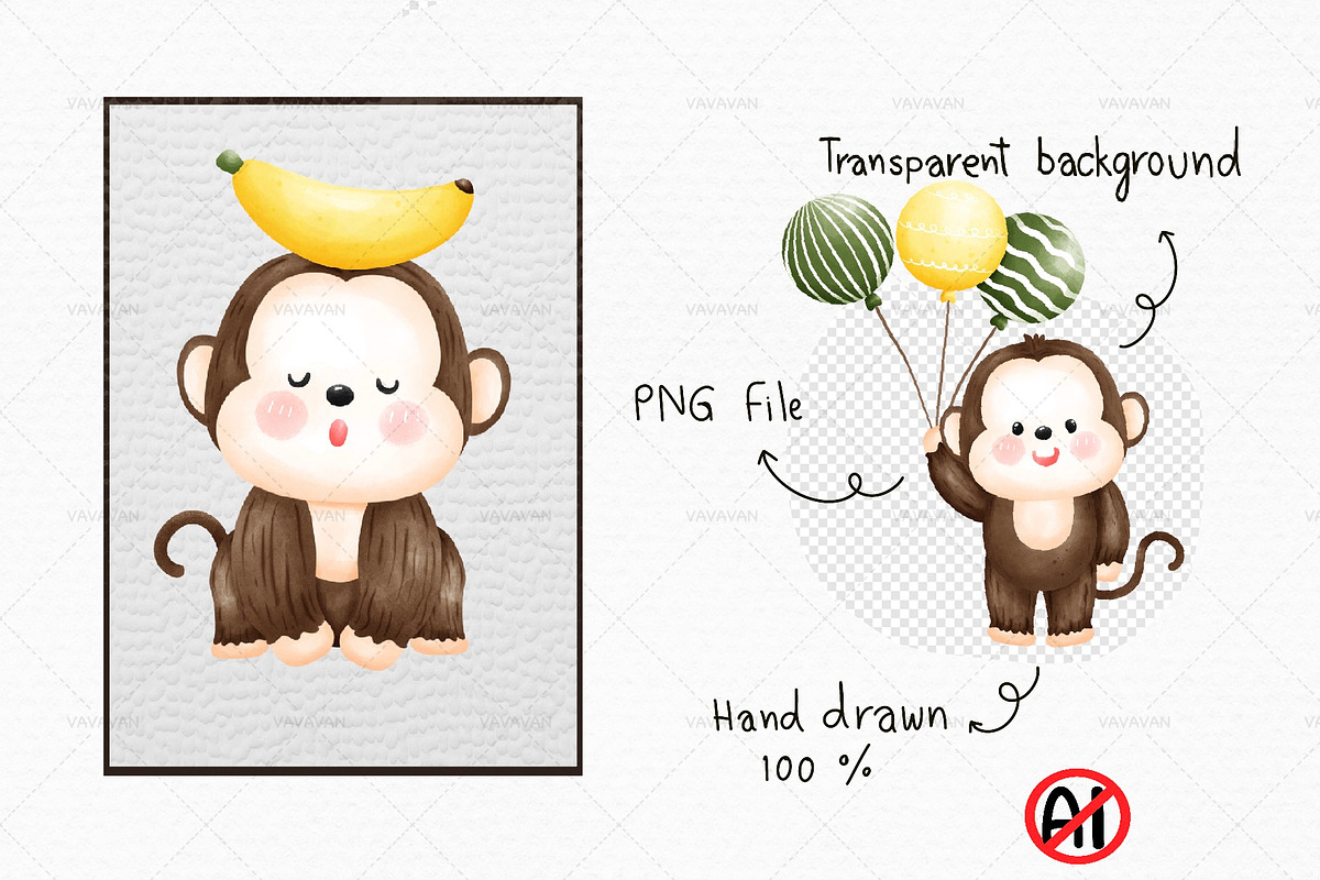 Baby boy monkey Watercolor clipart, an Animal Illustration by Vavavan Artwork (Photo 4 of 4)