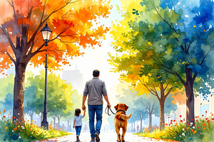 Man walking with daughter and dog in a colorful autumn park, a Person Illustration by DanFLCreativo