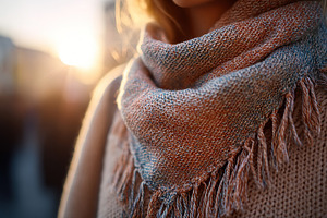 Warm scarf wrapped around person walking under soft fading sunlight at sunset, a Beauty & Fashion Photo by AlyaAnd