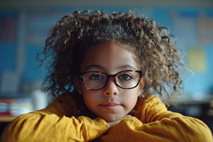Child sits at desk with glasses, a Photo by Beautiful things