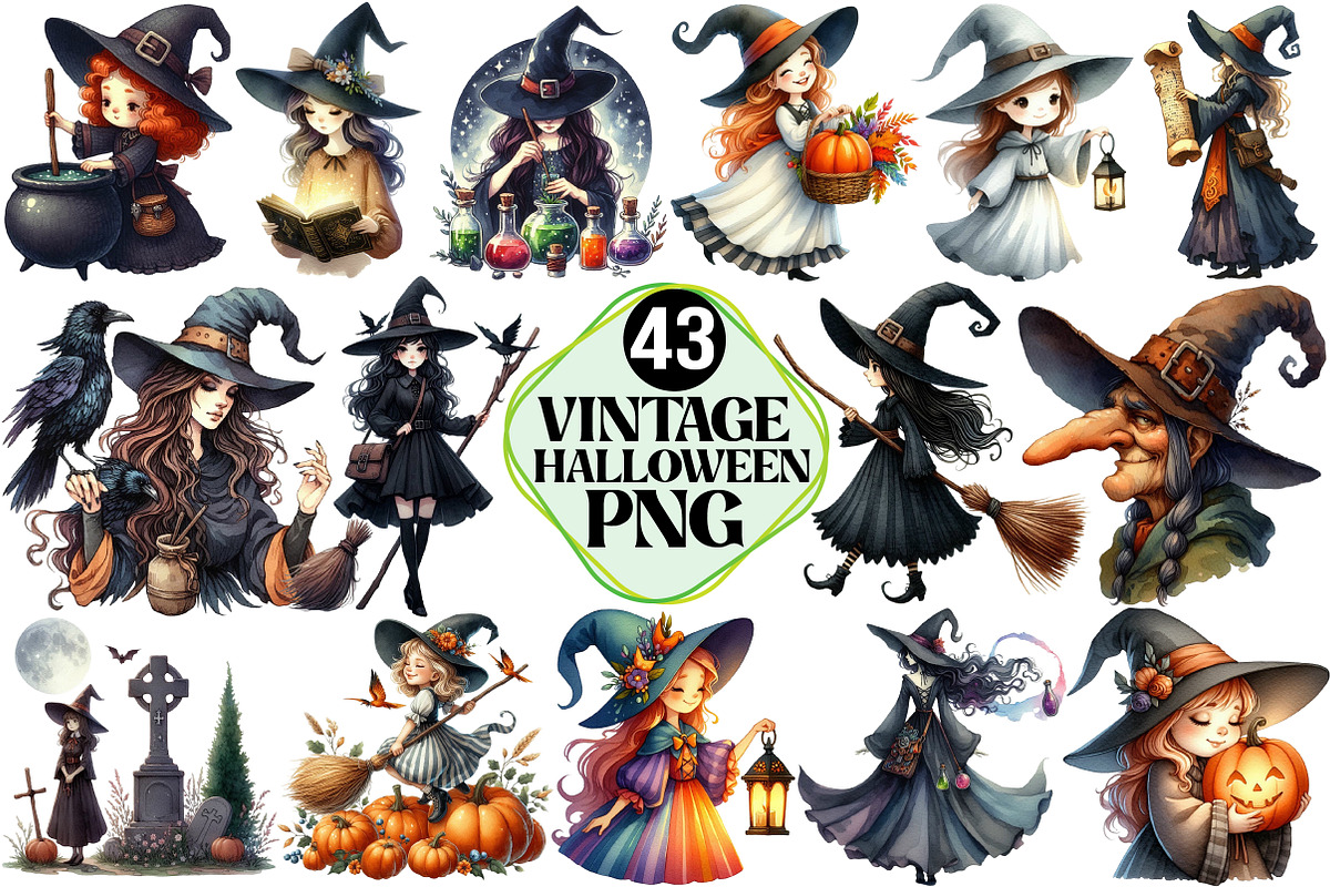 Vintage Halloween Witch Clipart, an Illustration by Pixels.Craft (Photo 1 of 7)