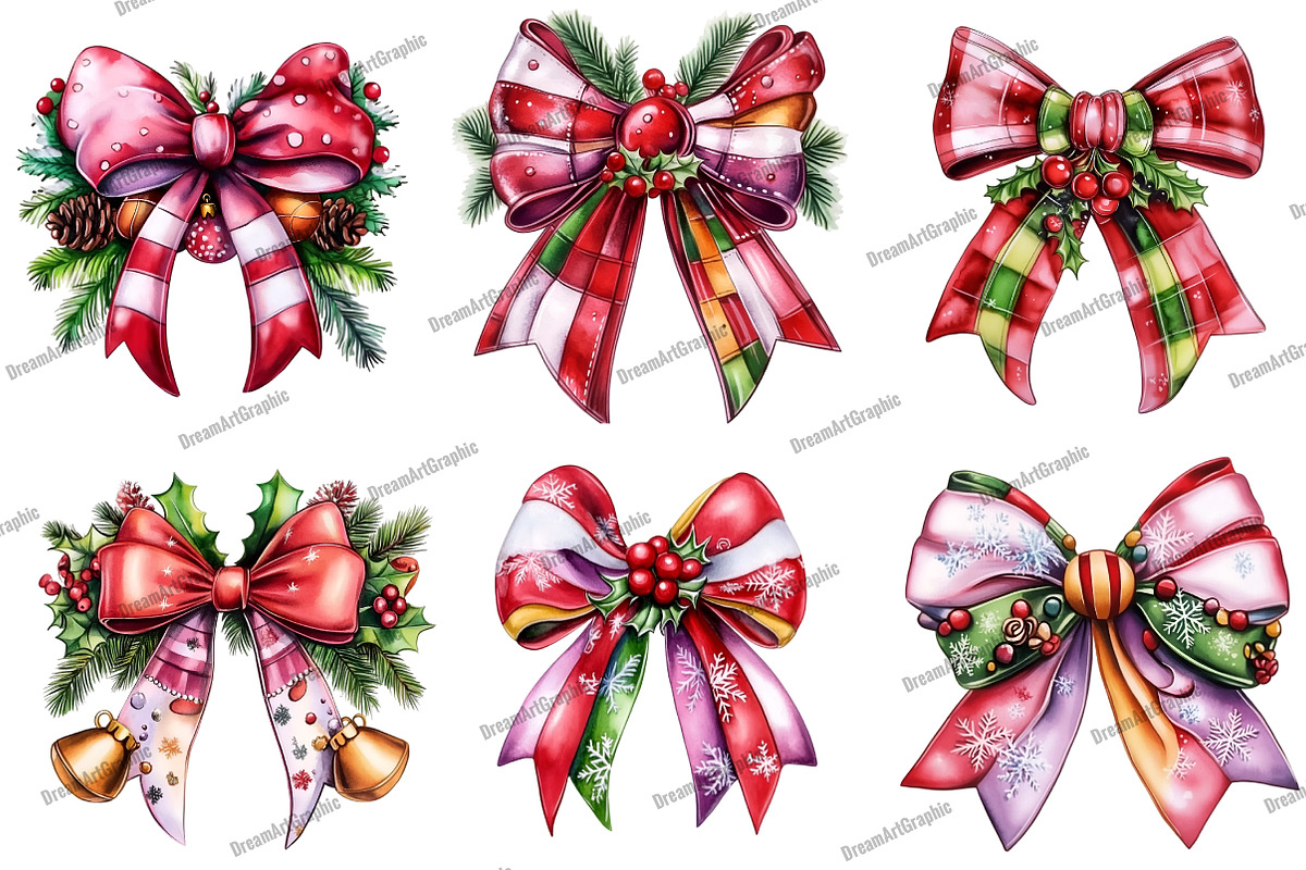 Whimsical Christmas Bow Clipart, an Illustration by DreamArtGraphic (Photo 3 of 5)
