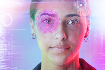 Cyber security, face and portrait of woman with biometric password in the metaverse, overlay and futuristic technology. Safety, digital and young person online for facial recognition or verification, a Photo by Peopleimages.com