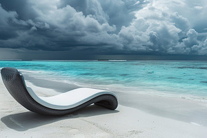 Chaise lounge on beach sand with blue sea, a Photo by AlyaAnd