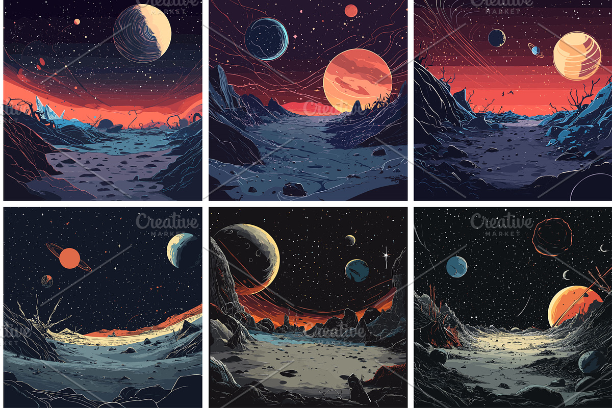 Cosmic landscape cartoon vector set, an Illustration by Onyx