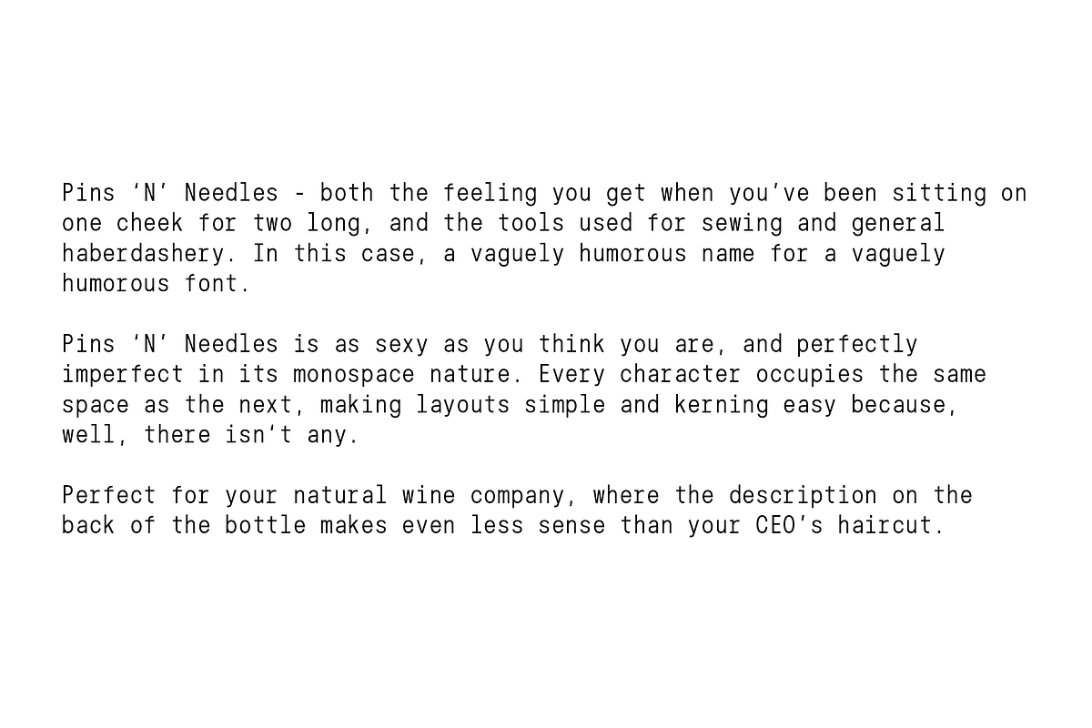 Pins N Needles Monospace Font, a Sans Serif Font by Off The Rack © (Photo 2 of 7)