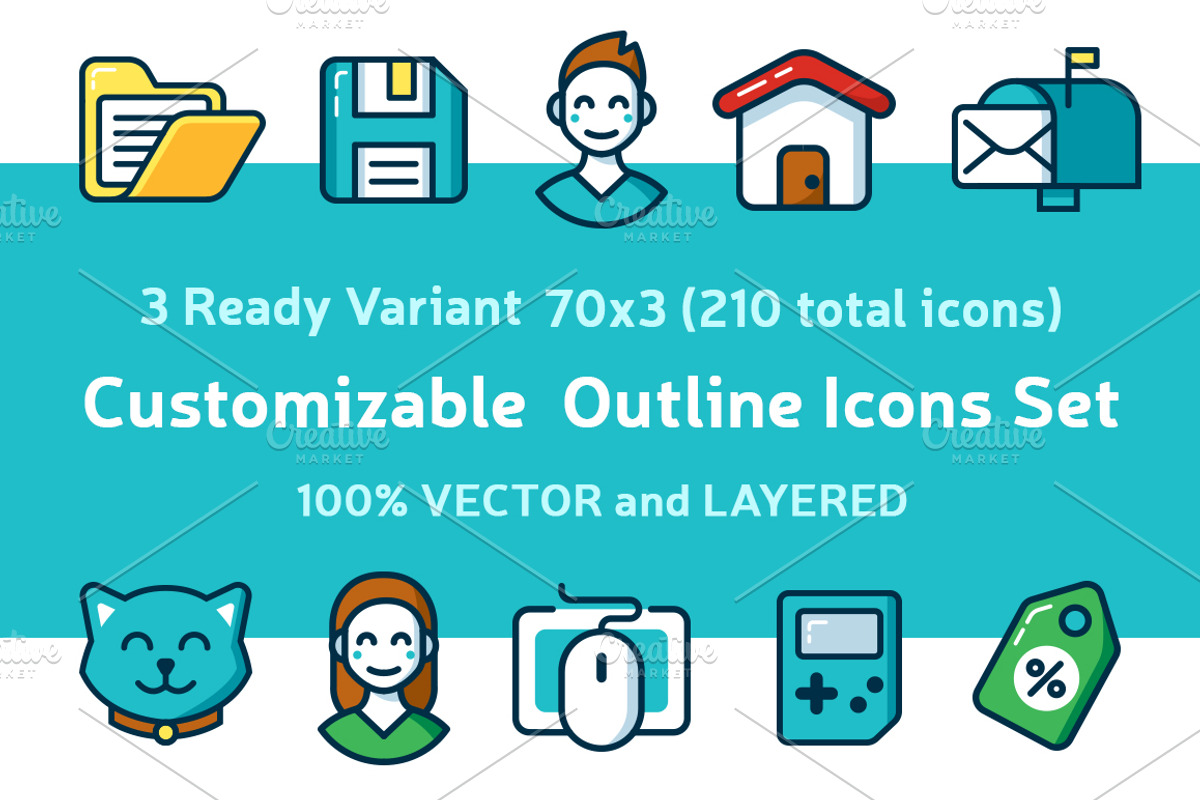 Customizable Outline Icons Set, an Outline Icon by Manudesign