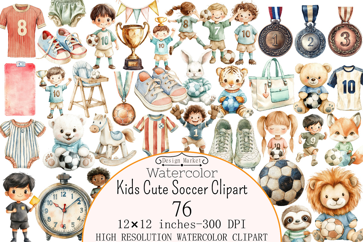Watercolor Kids Cute Soccer Clipart, a Seasonal Illustration by Design Market (Photo 1 of 8)