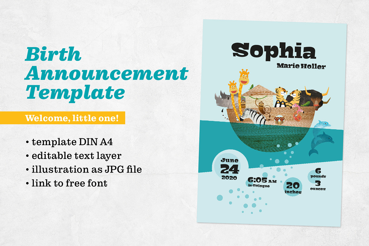Noah – Birth Announcement Template, an Animal Illustration by Pia Kolle (Photo 1 of 4)