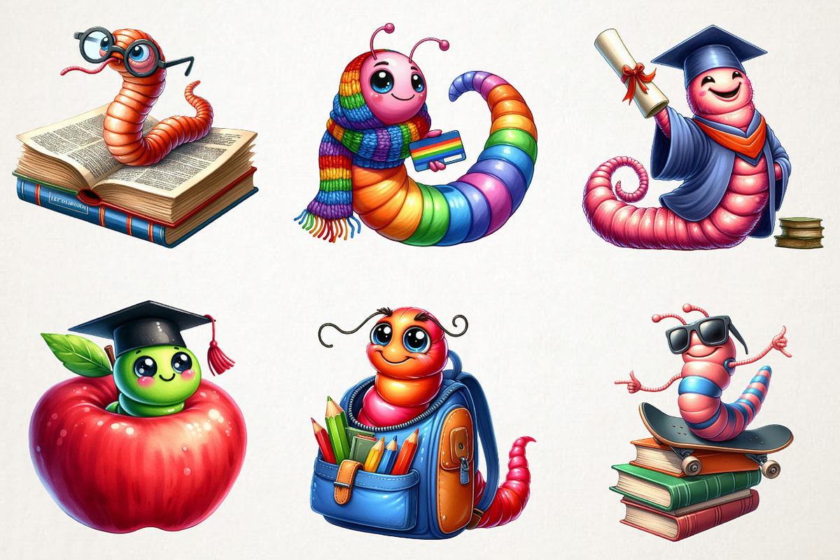 Kawaii School Worm Sublimation Png, an Illustration by RobertsArt (Photo 4 of 7)