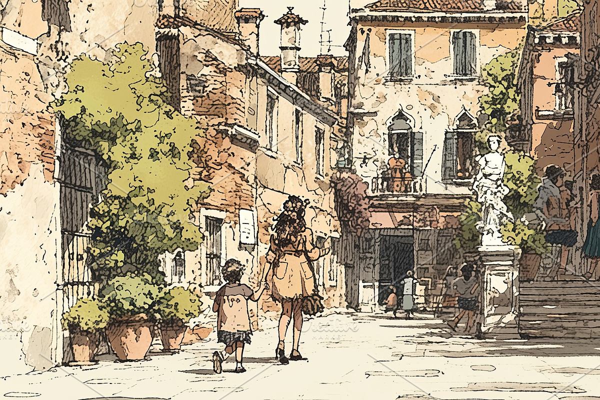 Charming Italian courtyard with people enjoying a peaceful picturesque day, an Illustration by AS photostudio