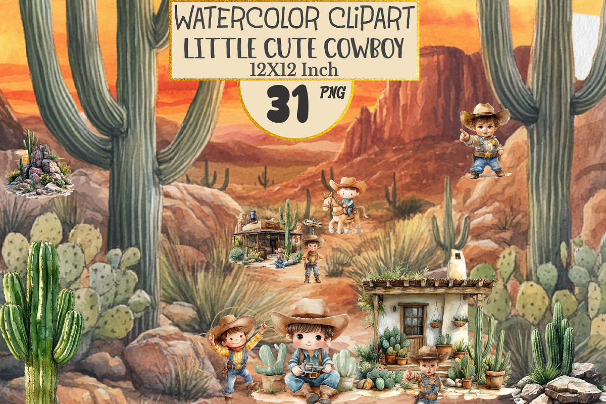 Little Cowboy Watercolor Clipart, an Illustration by Rose Art (Photo 1 of 4)