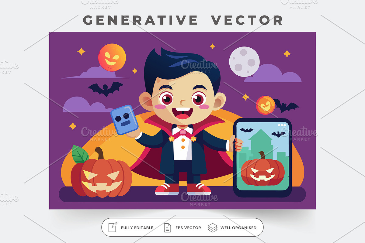 A joyful vampire holds a phone and a, a Graphic by Iftikhar Alam