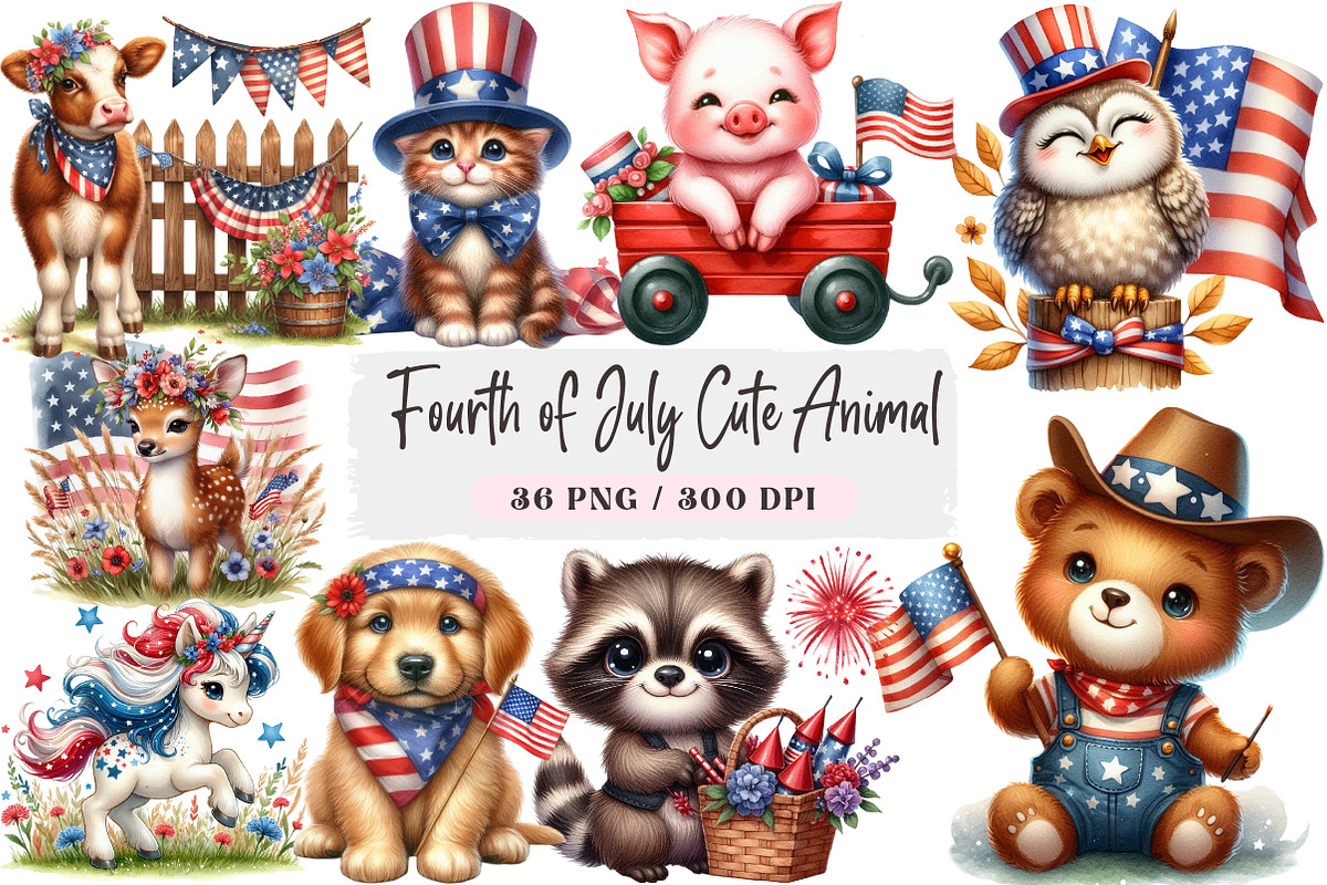 Fourth of July Cute Animal Watercolo, an Illustration by DreamArtGraphic (Photo 1 of 4)